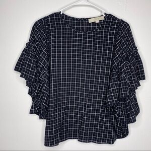 LOFT Black & White Plaid Ruffle Flowy Sleeves Top